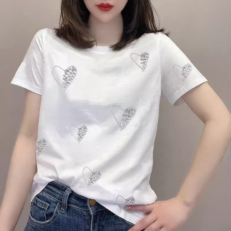 時尚氣質設計感愛心圓領套頭T恤女夏季重工寬鬆短袖純棉上衣白色