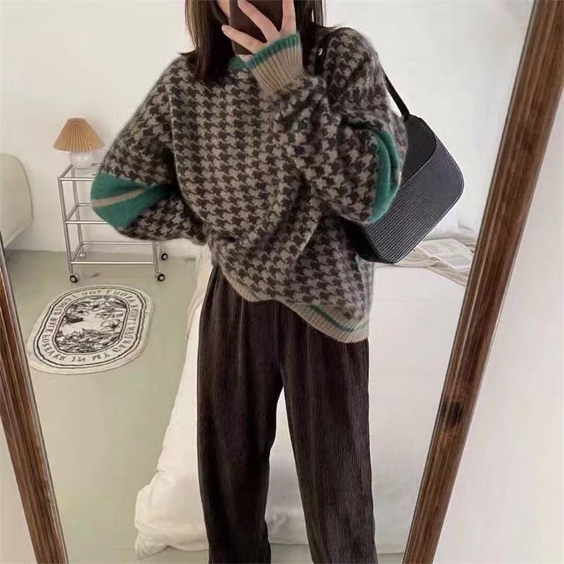 慵懶風日系復古歐貨高級感浣熊絨千鳥格毛衣女秋冬寬鬆設計感小眾