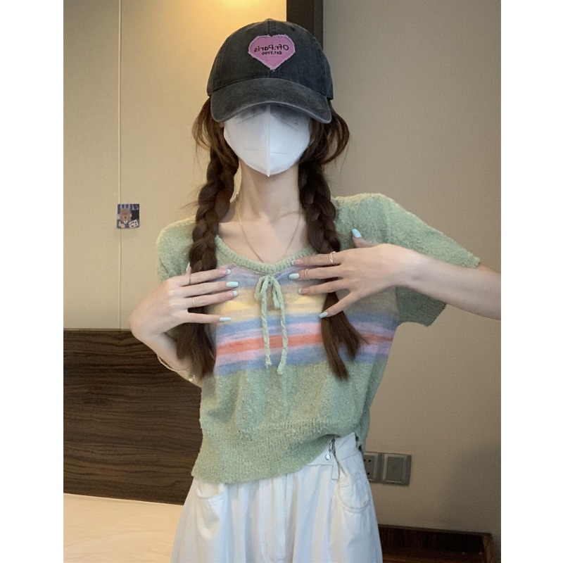 甜美減齡蝴蝶結彩虹條紋毛針織衫女裝夏季薄款冰絲小個子短袖上衣