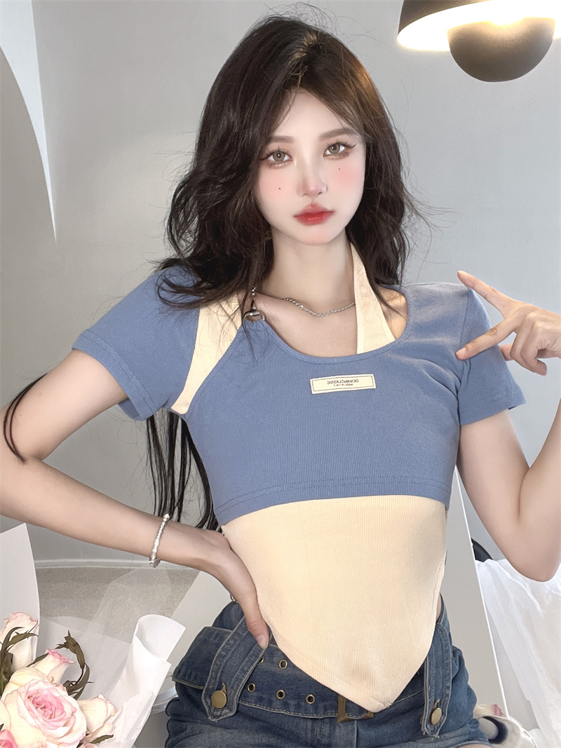 韓國單掛脖假兩件短袖T恤女夏季不規則修身顯瘦短款設計感上衣