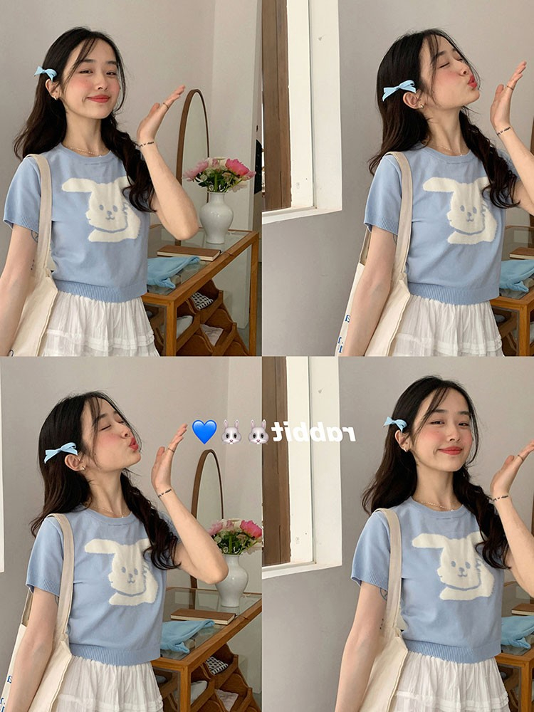 韓版甜美寬鬆小個子短袖針織衫女夏季薄款小香風設計獨特絕美上衣