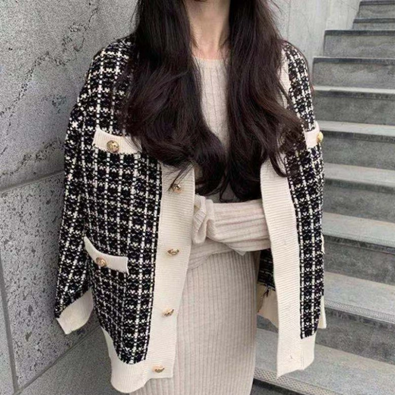 韓國chic百搭簡約風撞色單排扣格紋針織衫開衫長袖毛衣外套女