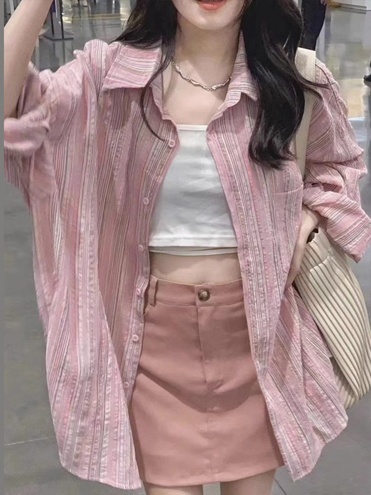 粉色條紋襯衫新款女裝上衣設計感小眾薄款外套