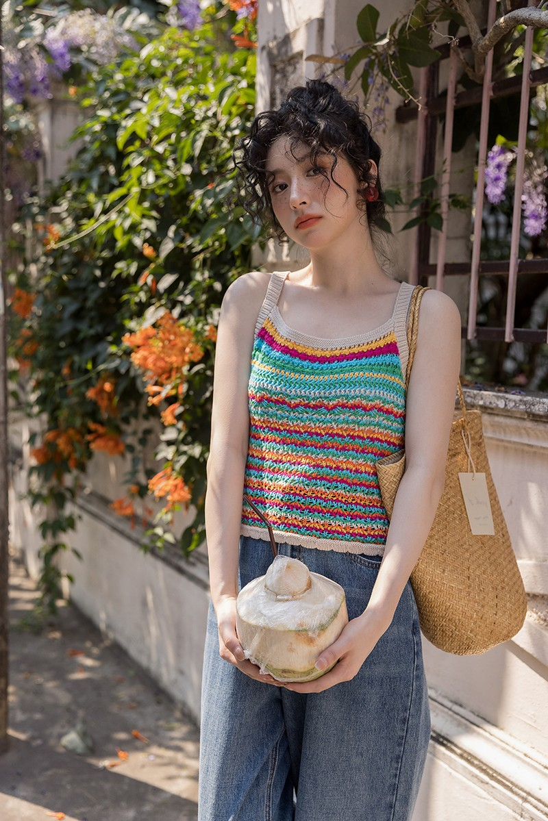 彩色條紋針織吊帶小背心女夏季設計感chic甜辣妹性感短款外穿上衣