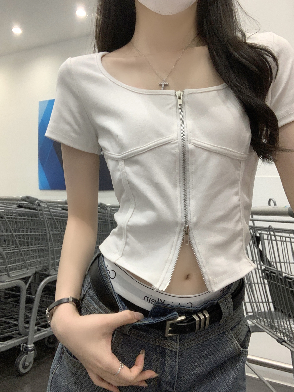 實拍 夏季韓版方領雙拉鏈辣妹魚骨顯瘦純棉開衫短袖T恤女上衣