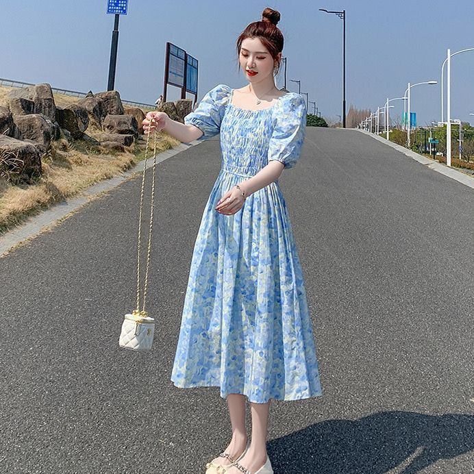 韓國夏季新款大玫瑰風名媛一字領泡泡短袖鬆緊腰碎花顯瘦連衣裙