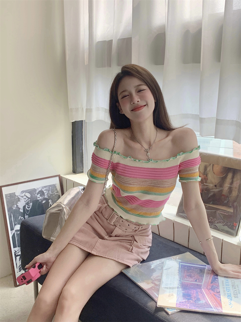一字肩條紋針織短袖t恤女夏季純欲甜辣妹性感短款上衣設計感小眾