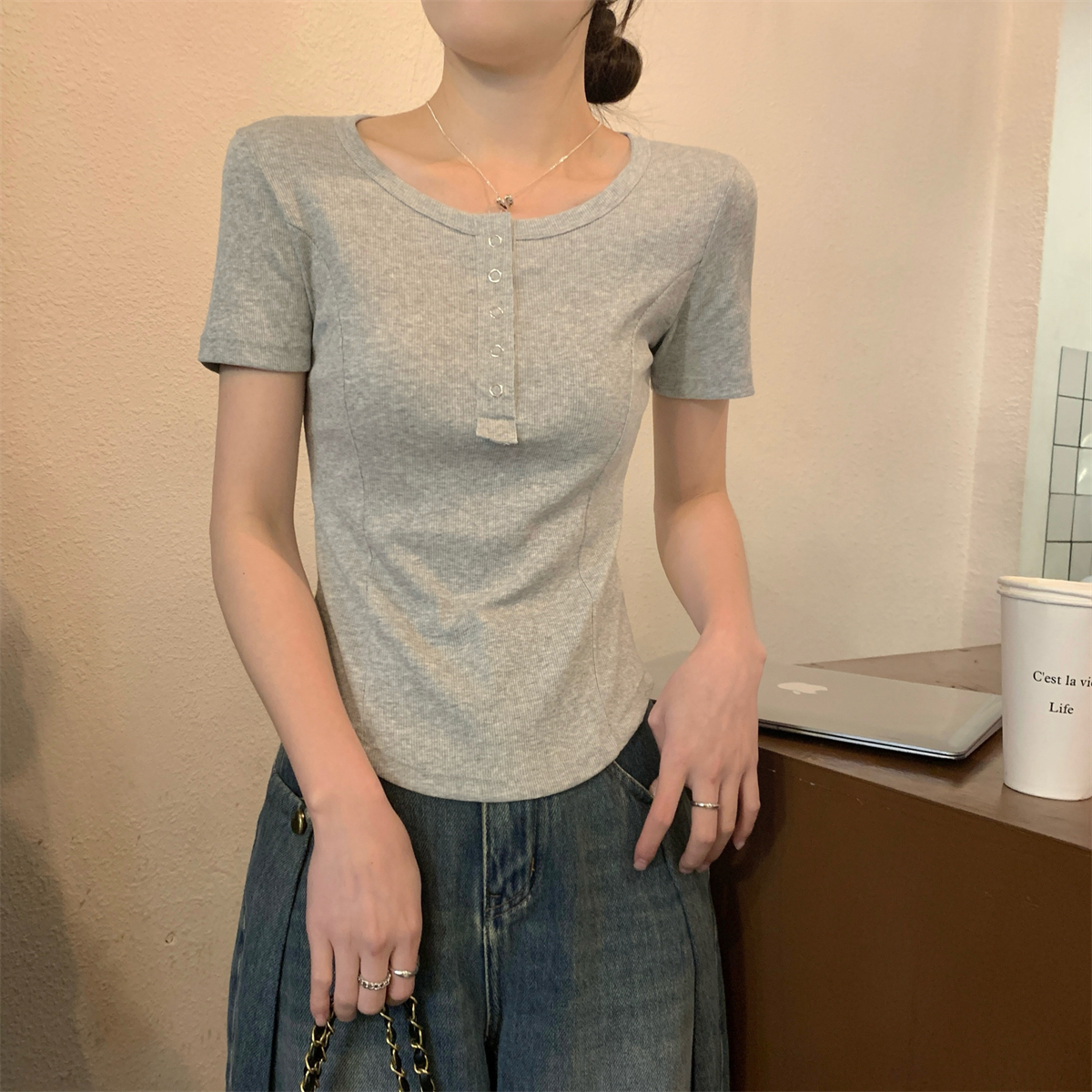 實拍 2024夏韓版圓領氣質魚骨釘扣顯瘦純棉百搭短袖T恤上衣女