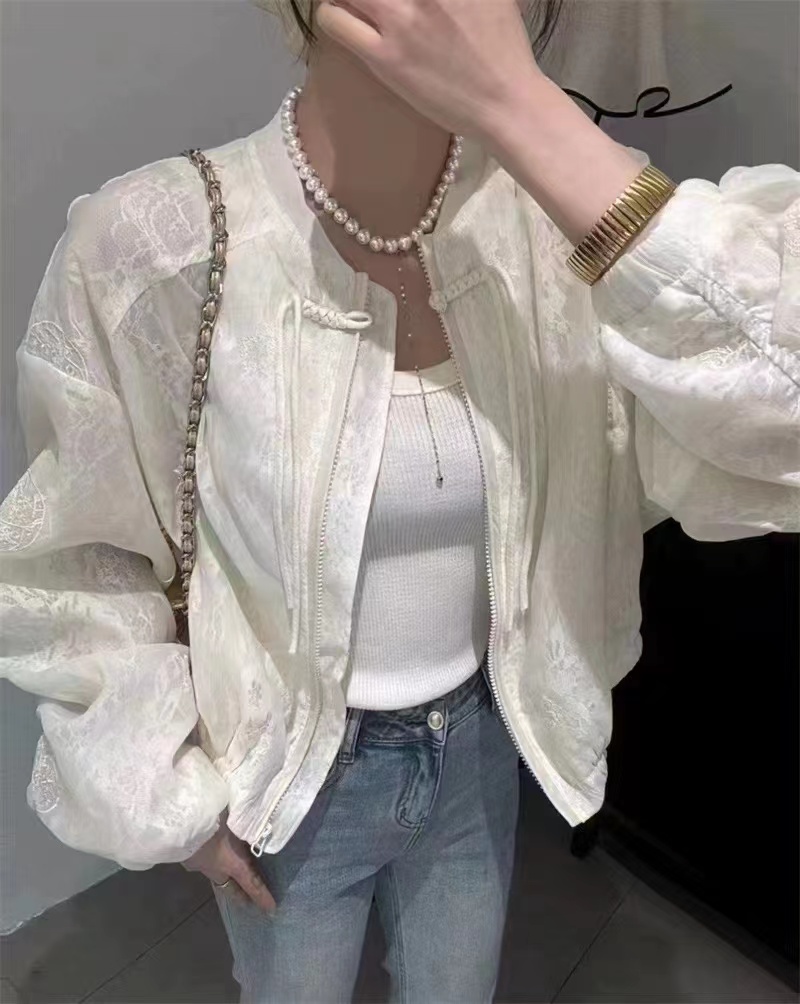 新款設計感國風盤扣提花網紗高定新中式短款外套女