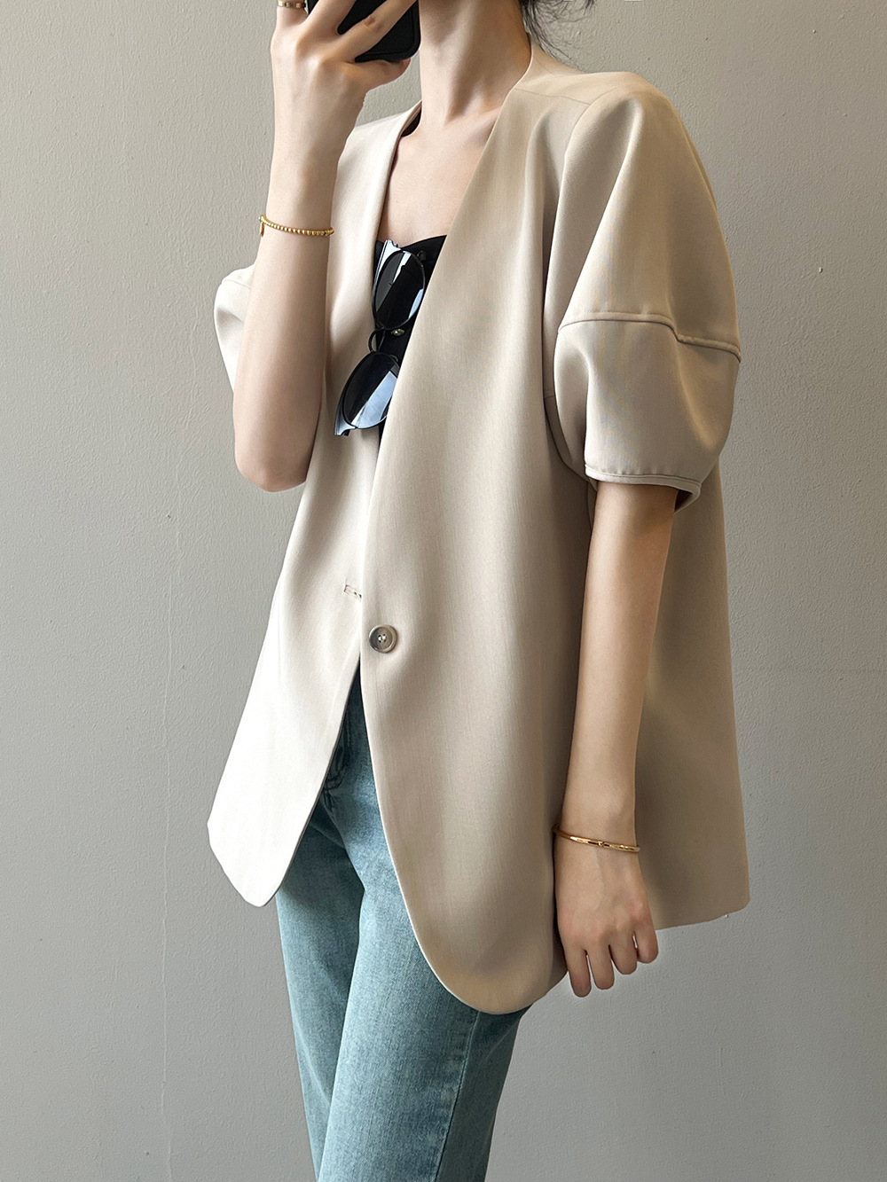 實拍~韓版泡泡袖短袖西裝外套女2024春夏薄款休閒半袖西服