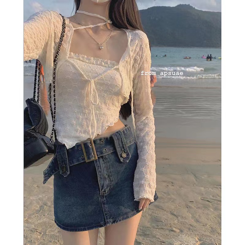 蕾絲衫女純欲倒三角吊帶內搭短款披肩罩衫兩件套