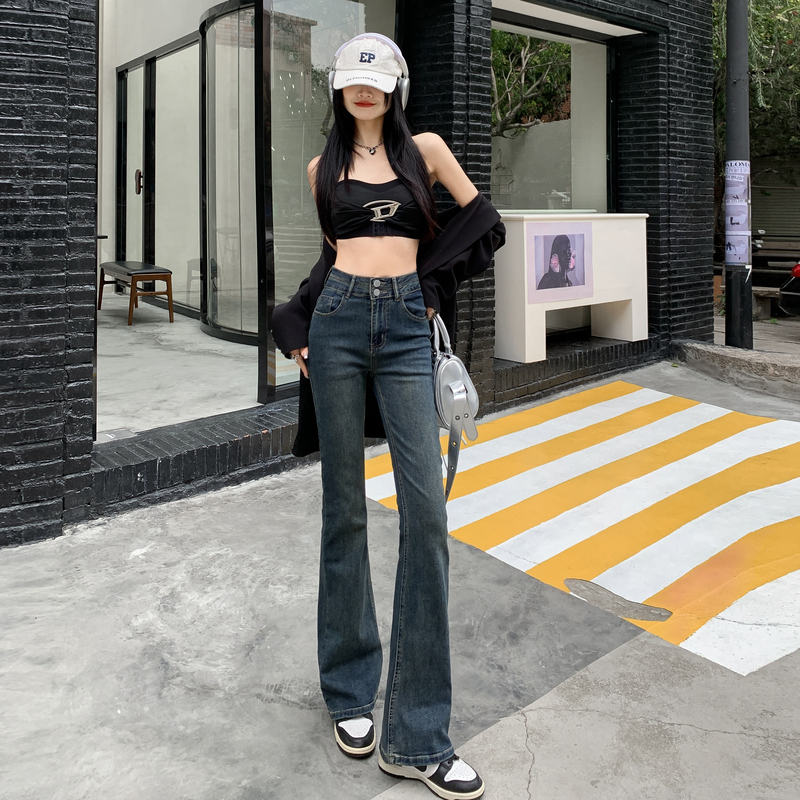 高質量水泥灰微喇牛仔褲女小個子復古高腰顯瘦喇叭九分長褲加長