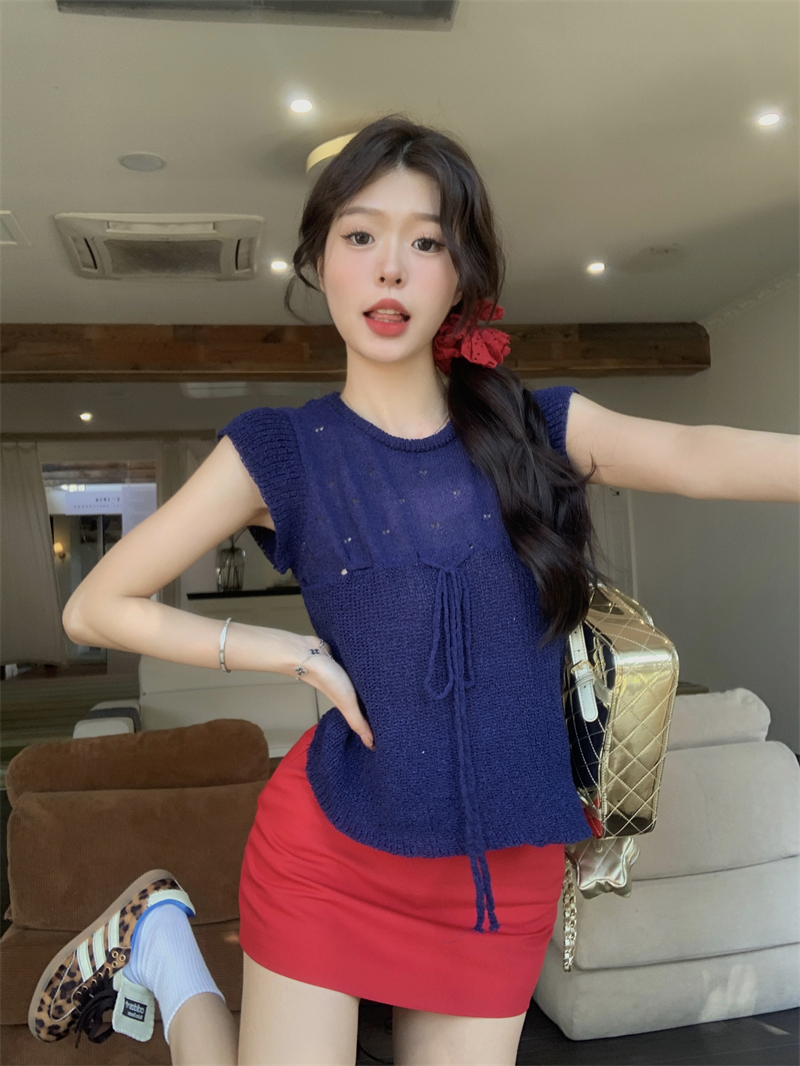 實拍夏季新款韓版小眾氣質小飛袖針織衫女抽繩設計感寬鬆上衣