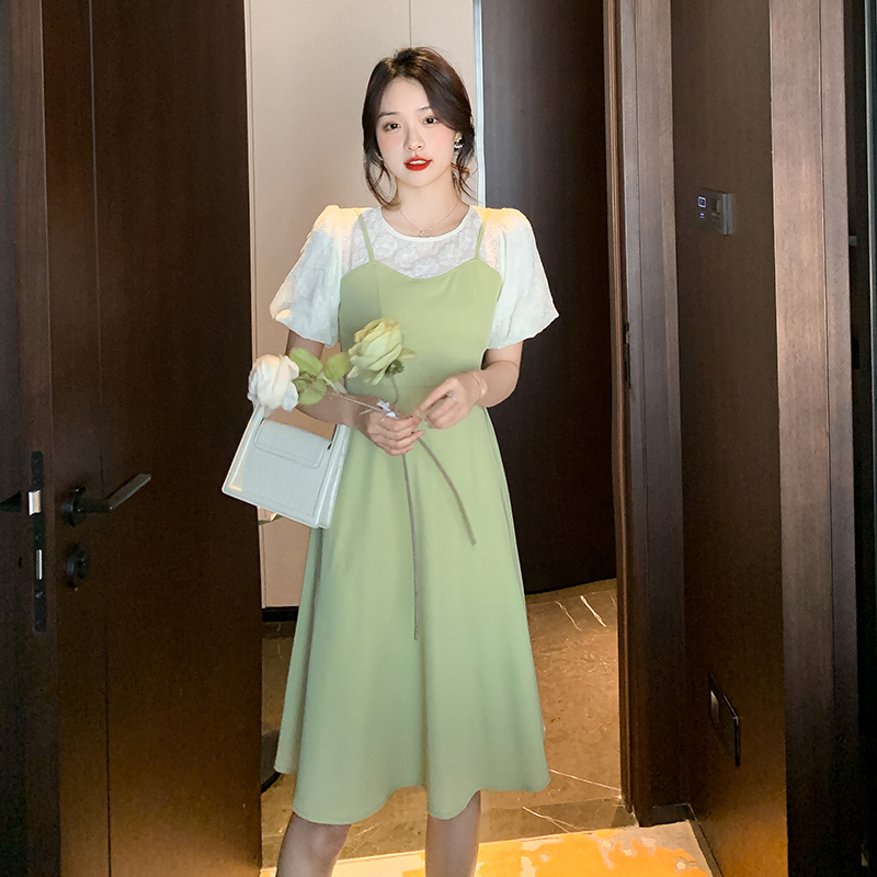 實拍  夏季新款假兩件蕾絲拼接吊帶泡泡袖綠色中長款連衣裙女
