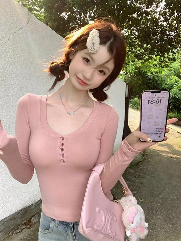 德絨 純欲短款內搭長袖T恤女秋季辣妹修身顯瘦打底衫