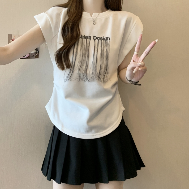 實拍  棉珠地 2024夏裝刺繡流蘇短袖T恤女飛飛袖坎肩背心上衣