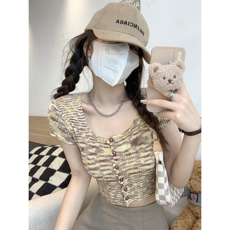 獨特甜辣妹針織短袖T恤女夏季薄款別致高級設計感卡腰小衫上衣服