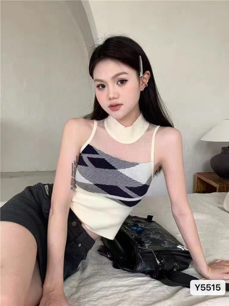 針織大碼女裝甜辣妹半高領網紗拼接條紋背心