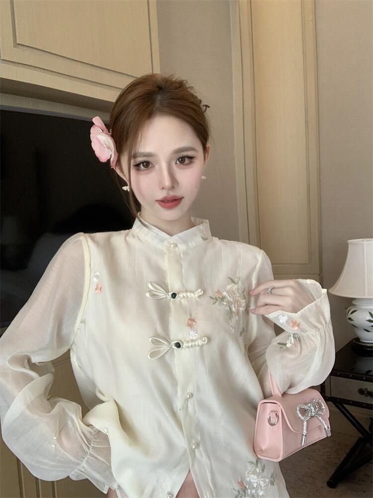實拍新中式國風重工刺繡襯衫女2024年新款氣質盤扣禪意高級感小衫