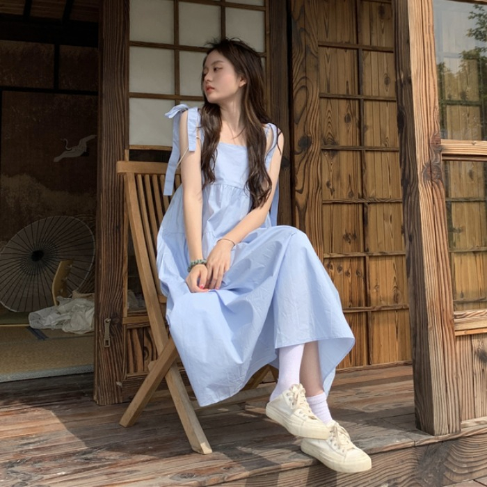 系帶蝴蝶結超仙氣質吊帶連衣裙女夏季森系長裙寬鬆顯瘦甜美小裙子