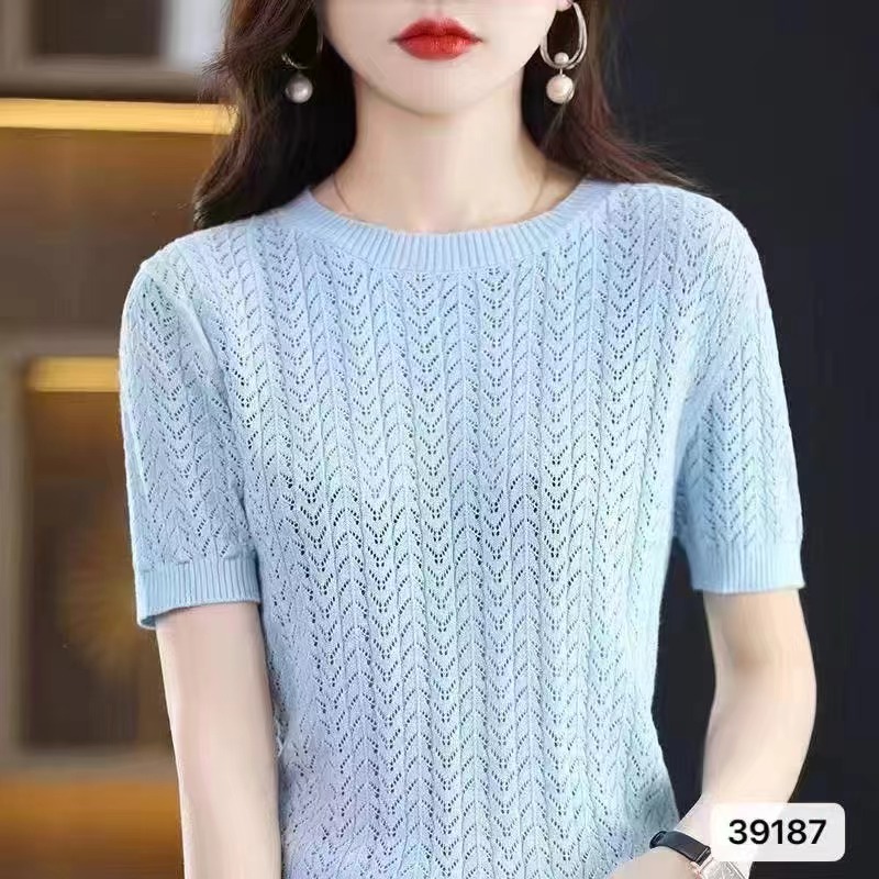 2024夏季新款韓版圓領純色鏤空針織寬鬆短袖上衣女