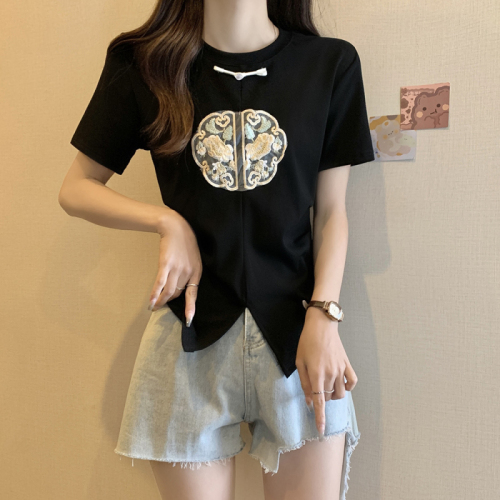 Actual shot of 2024 summer plus size women's T-shirt new Chinese style new Chinese embroidered short-sleeved top