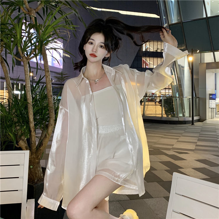 人魚姬襯衫女2024新款韓版寬鬆寬鬆純欲風珠光長袖防曬開衫