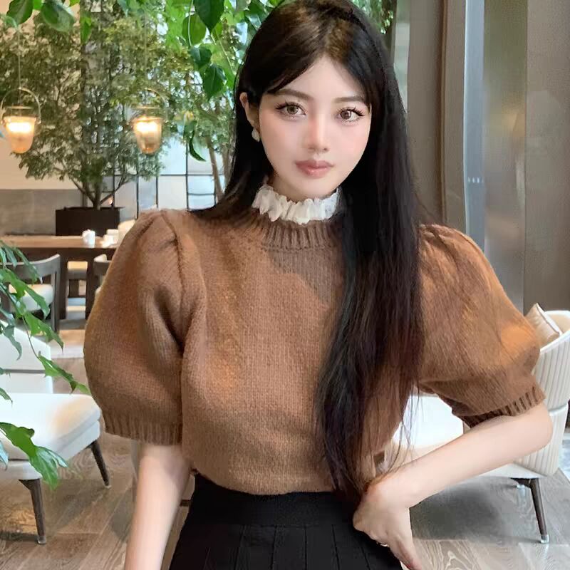 蕾絲邊半高領針織衫女設計感小眾早春泡泡袖純欲上衣內搭短袖毛衣