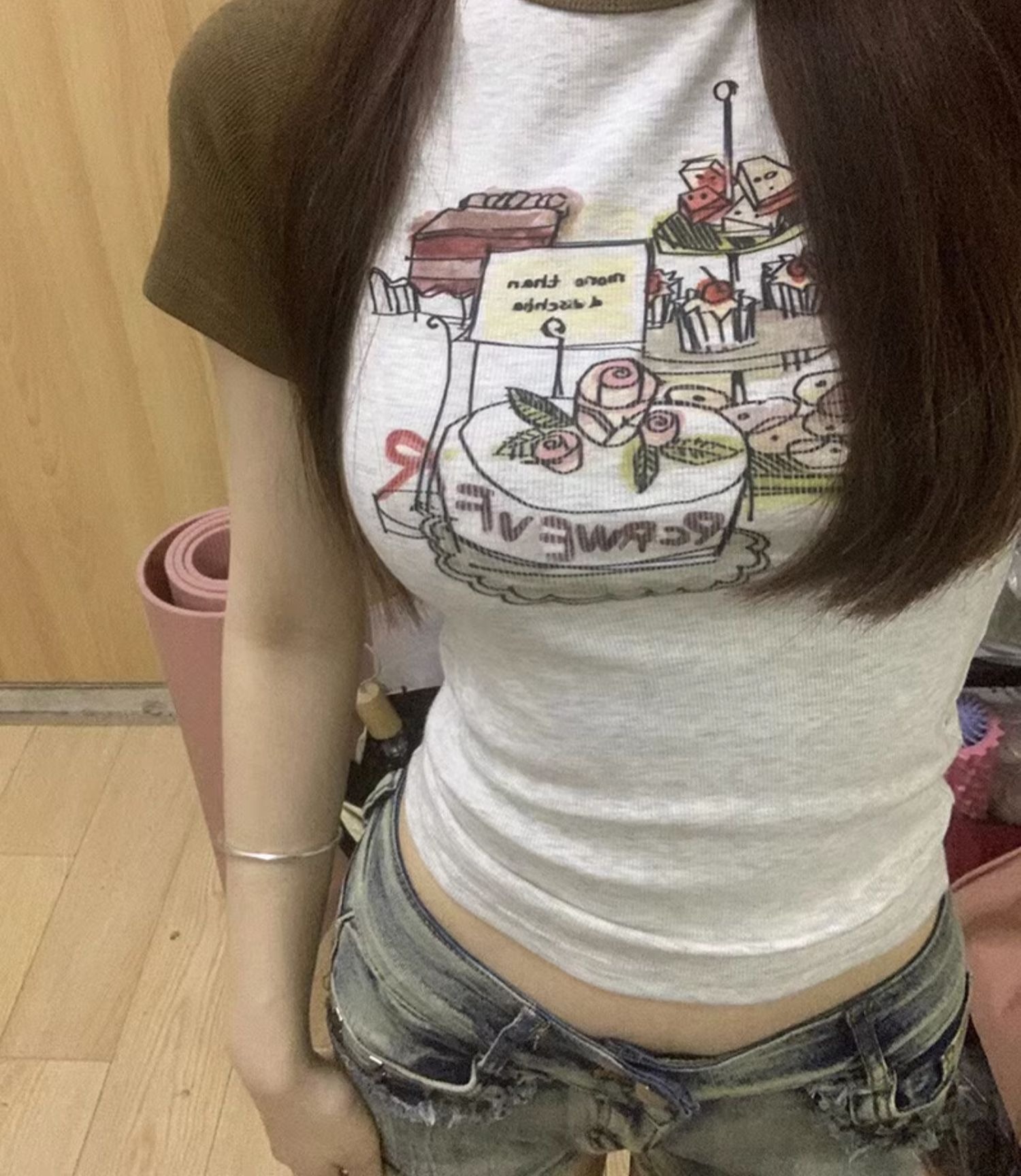 冰絲螺紋  卡通字母插肩短袖t恤女夏季修身