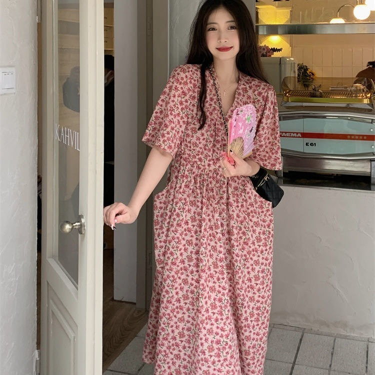溫柔風碎花連衣裙女春夏2024新款粉色收腰顯瘦V領法式短袖桔梗裙