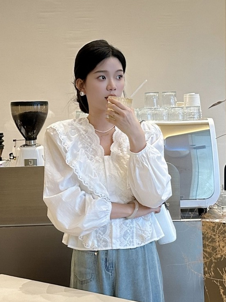 法式優雅精緻白色襯衫女蕾絲花邊拼接長袖系帶v領上衣
