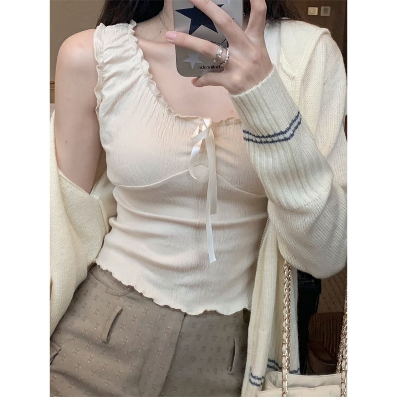 官網圖春夏季木耳邊吊帶背心女v領蝴蝶結純欲無袖打底上衣