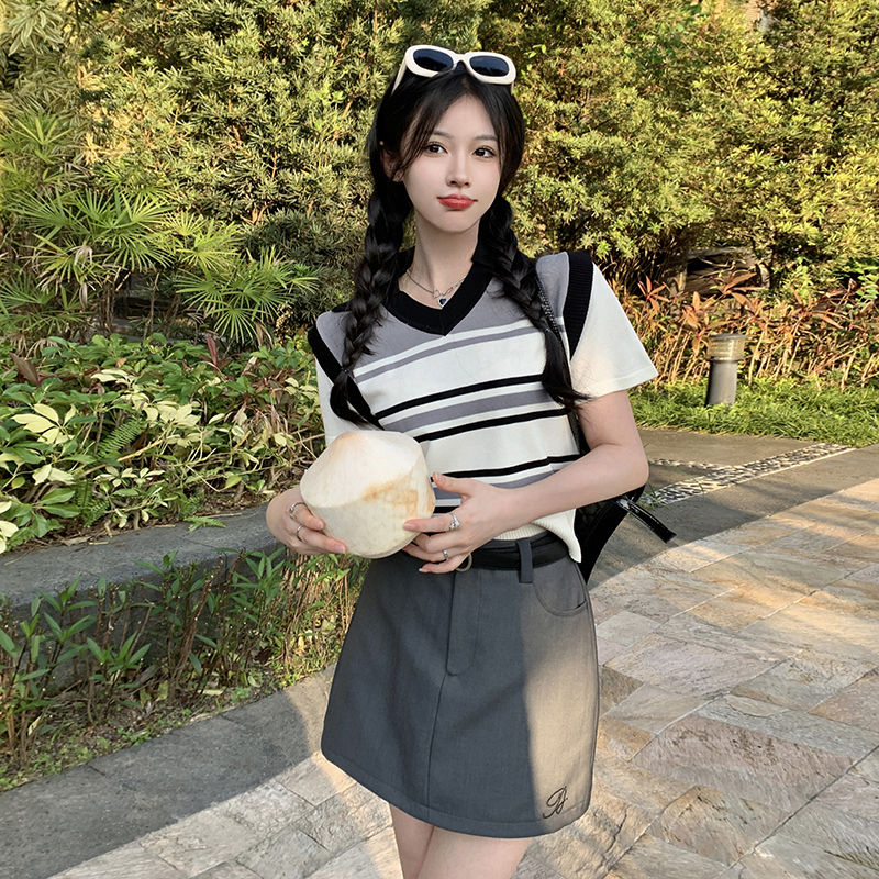 實拍~2024大碼女裝韓版個性拼接條紋假兩件套連衣裙胖mm百搭長裙