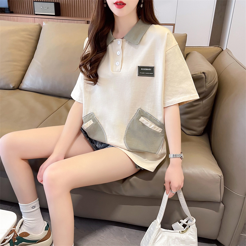 實拍首發後包領棉質夏季POLO衫中長款短袖T恤大碼女