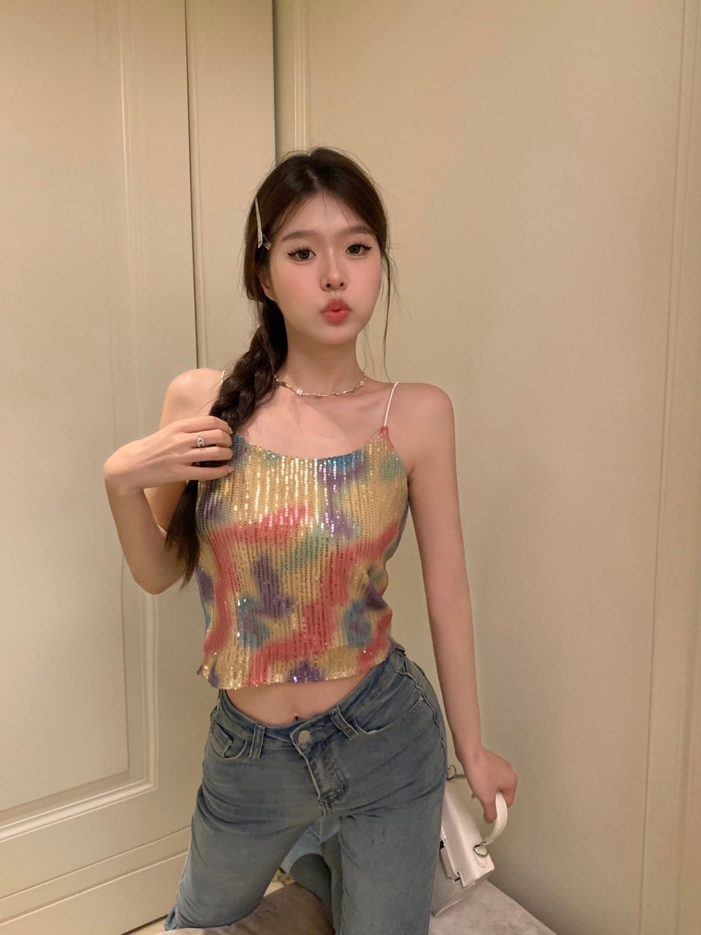 甜辣妹夏季設計感小眾別致短款上衣性感漸變彩色亮片吊帶小背心女