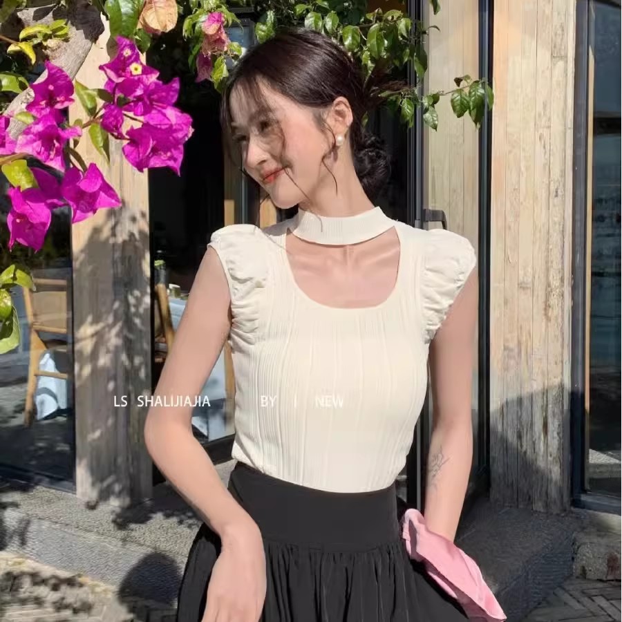 2024夏季新款掛脖無袖背心內搭女高級感甜辣妹掐腰別致絕美小上衣