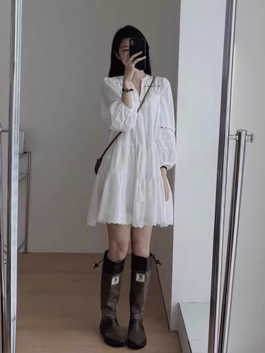 French white puff sleeve shirt dress for women 2024 new spring and summer long-sleeved Yunnan travel wear