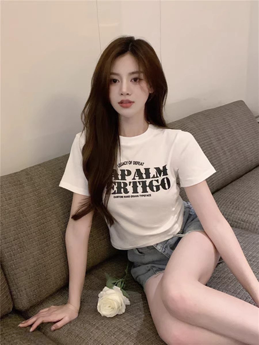 純棉短款美式復古印花短袖T恤女夏季新款少女修身顯瘦上衣