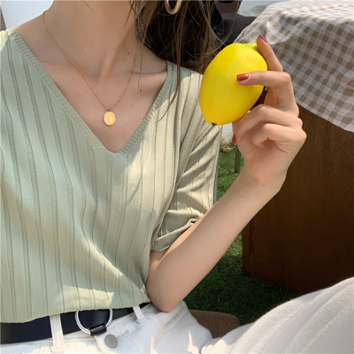 雞心領打底衫女夏內搭寬鬆糖果色抹茶綠上衣薄款冰絲短袖針織T恤