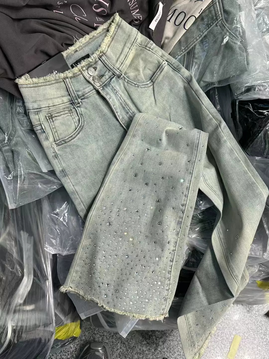 春夏新品重工燙鑽高腰歐貨牛仔闊腿褲女顯腿長拖地褲潮