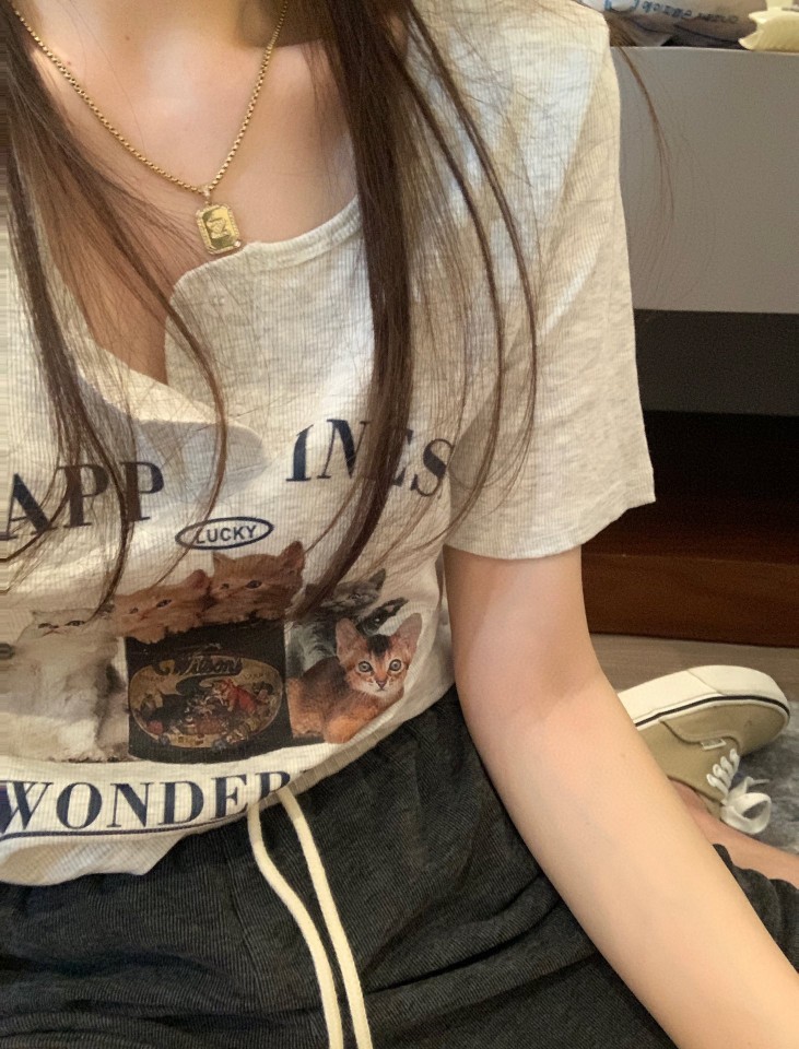 官圖短袖T恤女小貓印花百搭露肚臍短款上衣