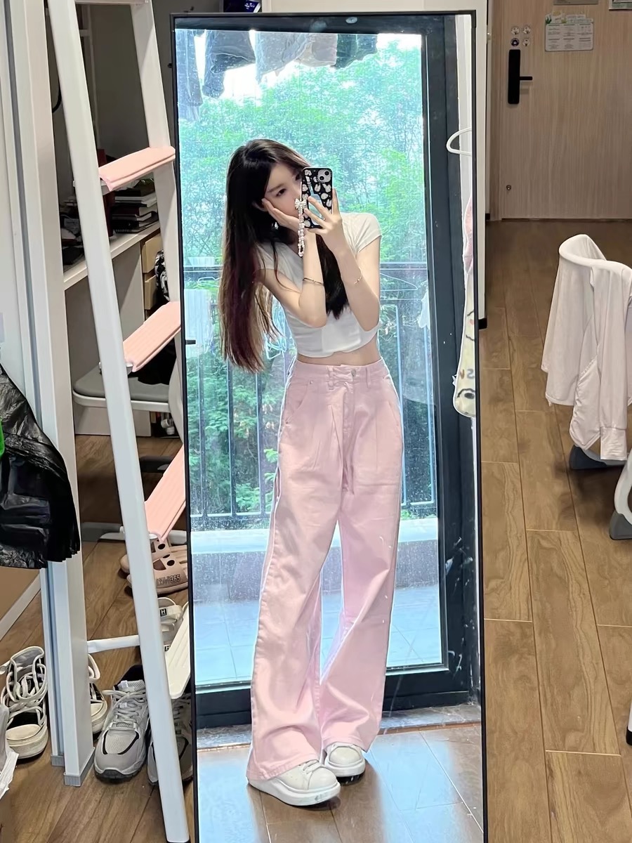 復古粉色寬鬆直筒褶皺牛仔褲女夏季新款顯瘦小個子垂感拖地闊腿褲