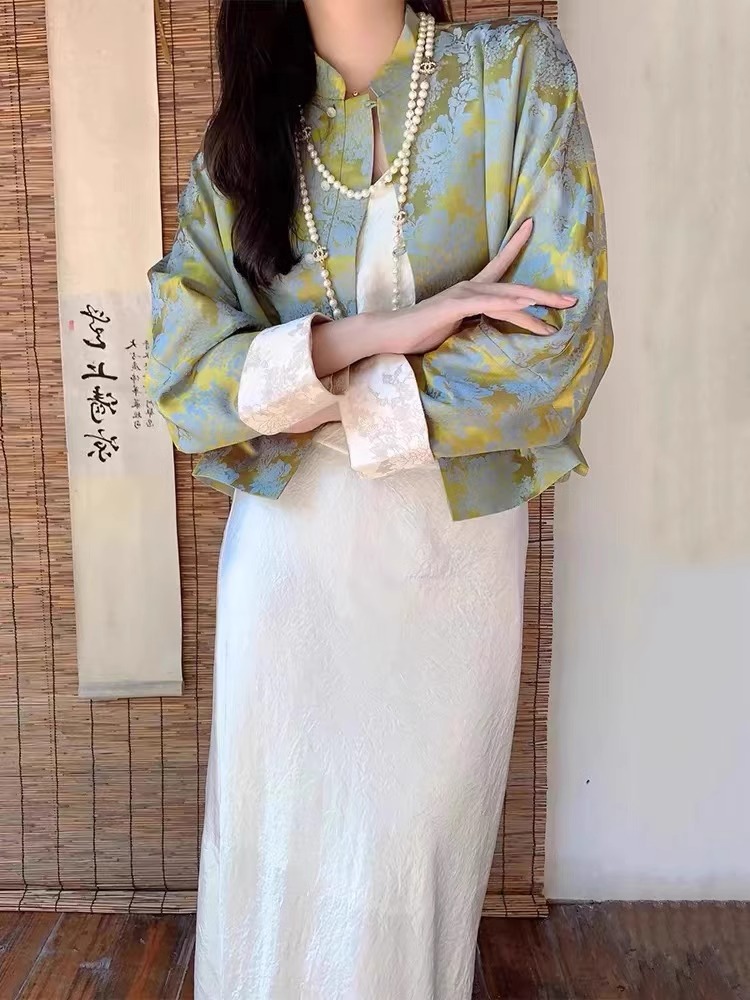 桑蠶絲花綢新中式老錢風短外套女提花真絲翻領國風長袖寬鬆上衣女