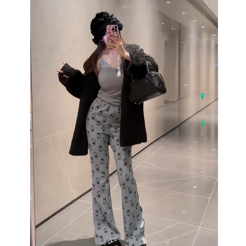 灰色卡通凱蒂貓休閒運動褲女秋冬顯瘦高腰直筒寬鬆微喇叭拖地褲子