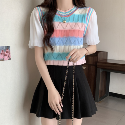 Real shot of Dopamine outfit striped splicing knitted short-sleeved women's fake two-piece T-shirt high-waisted short top trendy