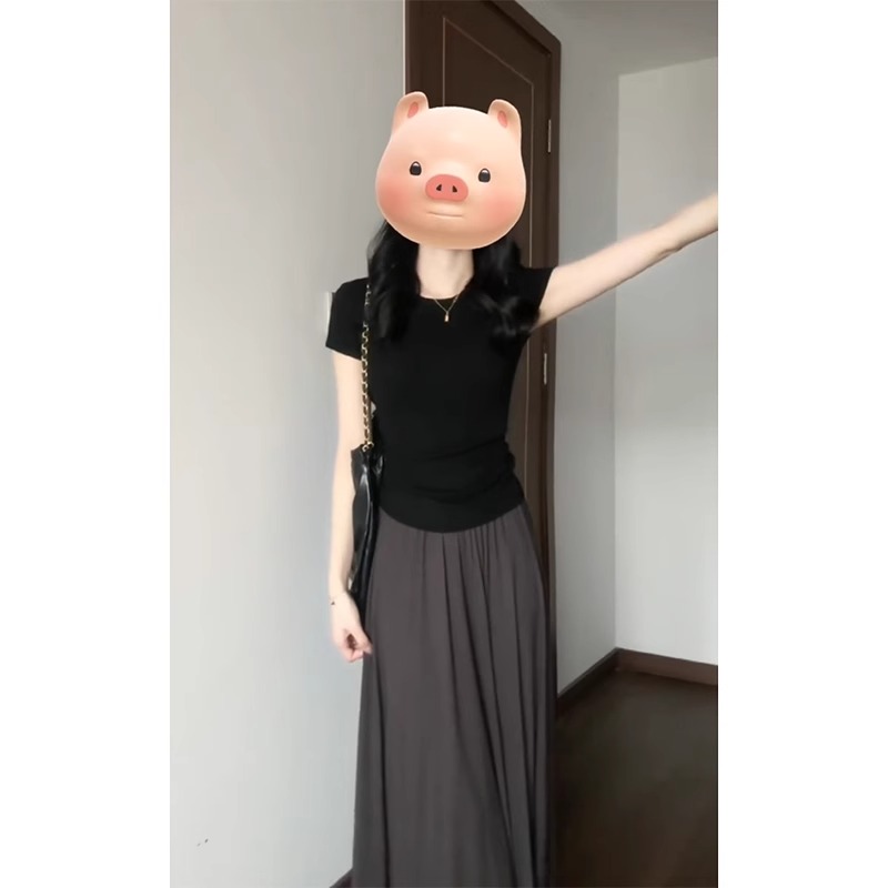 夏裝搭配一整套減齡洋氣時尚黑色短袖T恤半身裙兩件套裝夏季女裝