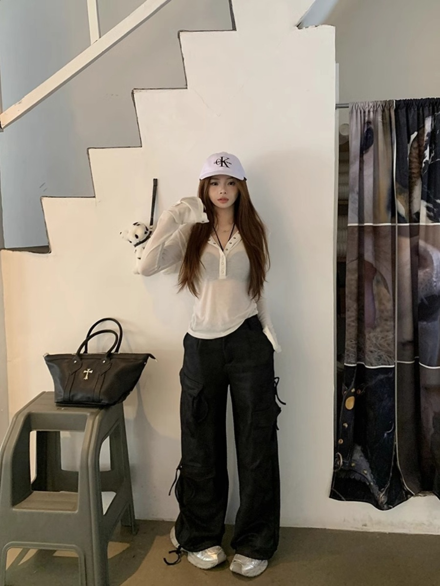 人棉 正肩長袖T恤女春款小眾修身辣妹外穿薄款防曬純色上衣