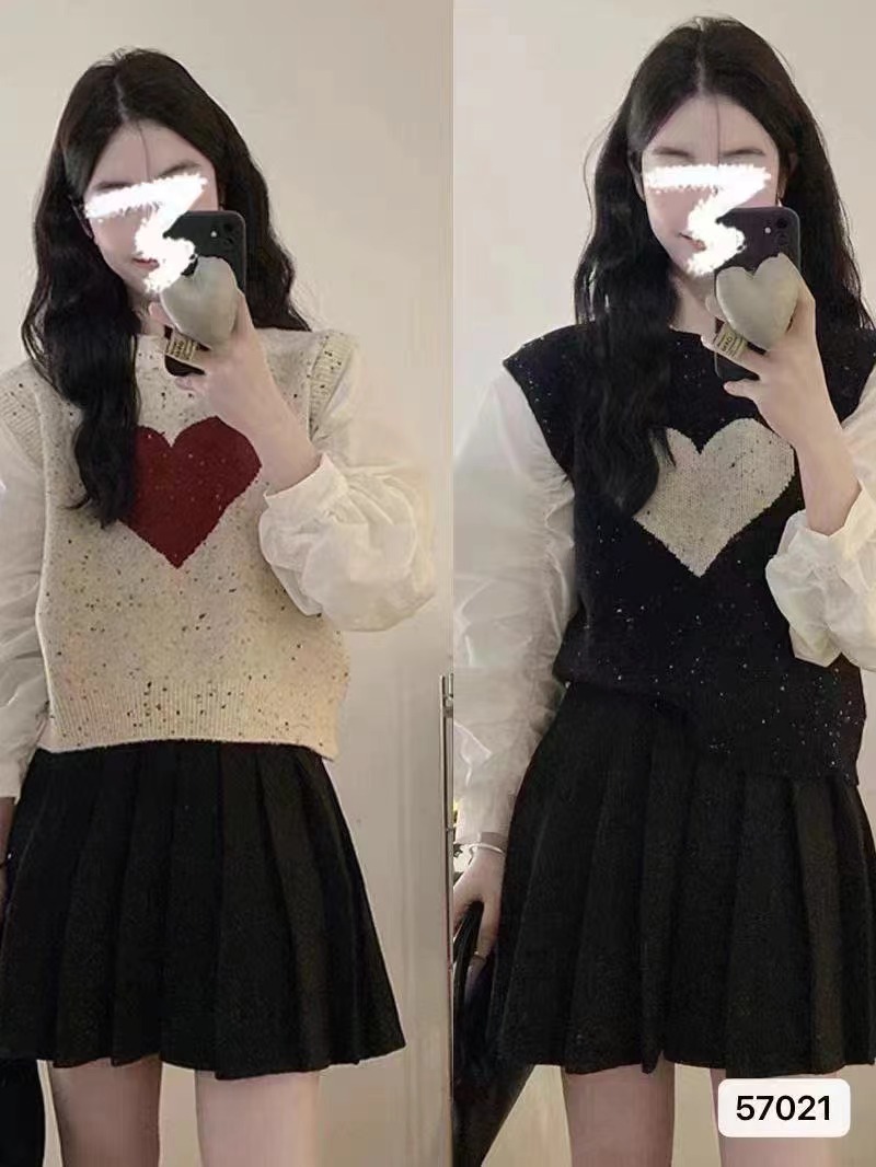 新款韓版時尚愛心提花彩色花紗拼接泡泡長袖上衣女