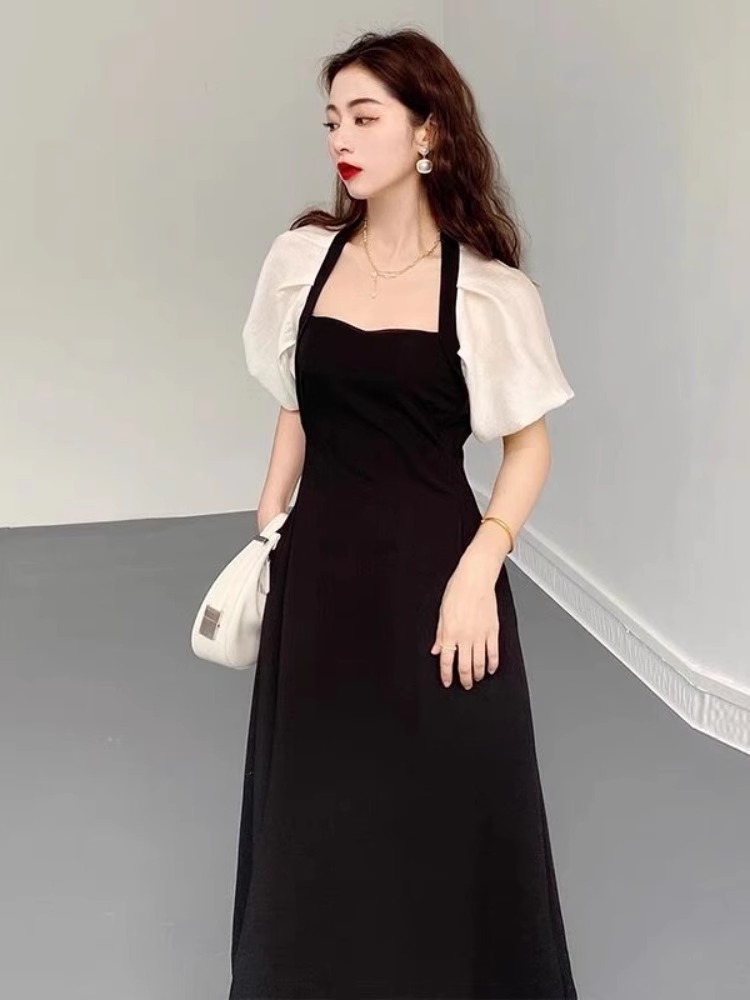 大碼女裝夏季胖妹妹mm法式高級感遮肚收腰顯瘦連衣裙赫本風小黑裙