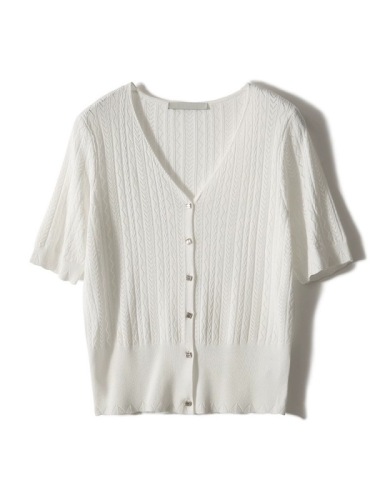法式波浪纹方形装饰扣纯色微镂空V领针织开衫女夏季新款短袖上衣
